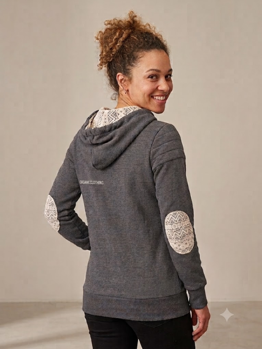 Picture Organic Clothing Grey Lace Patch Boho Hooded Sweatshirt XS